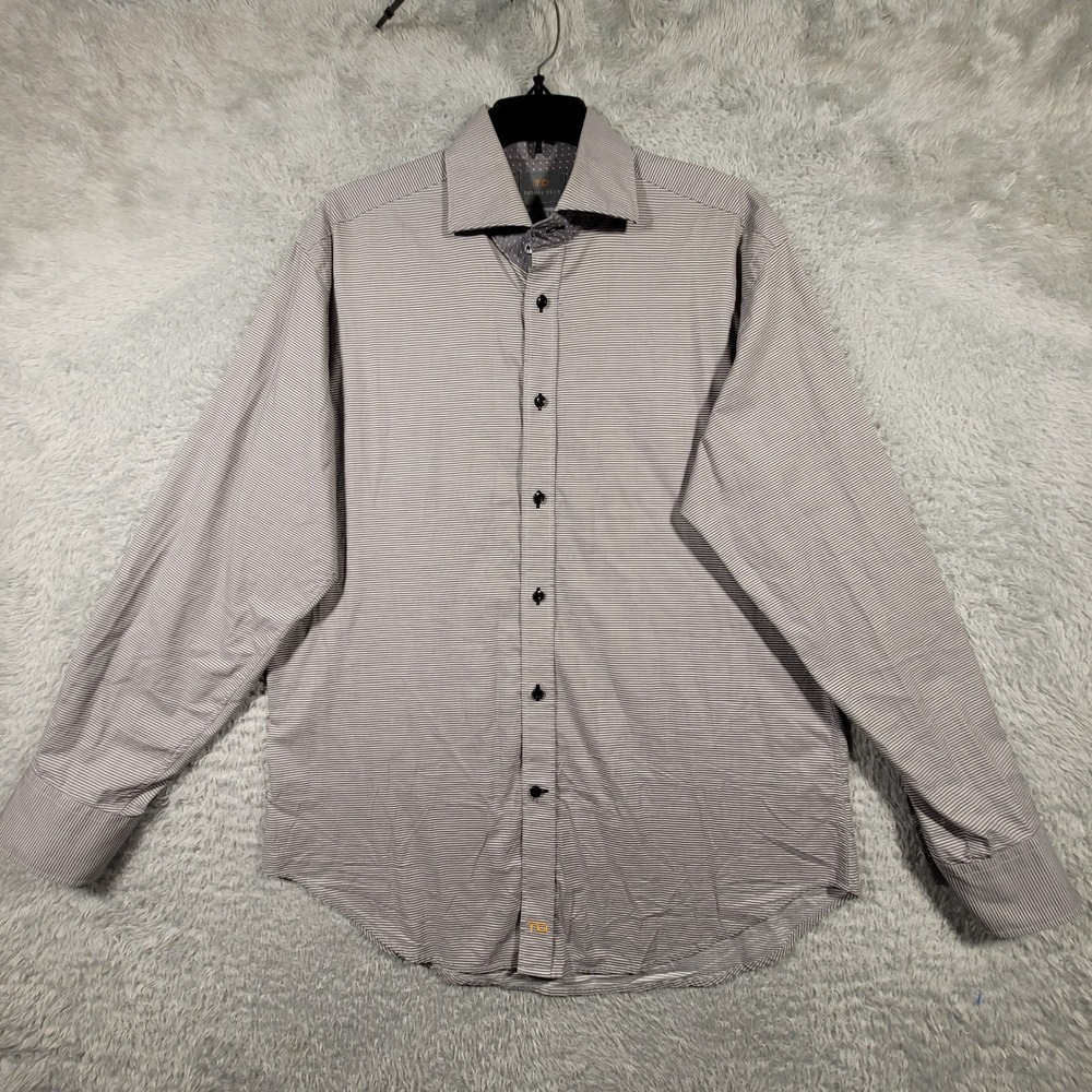 Thomas Dean Shirt Mens Medium Grey Striped Pima Cotton Button Up Long Sleeve